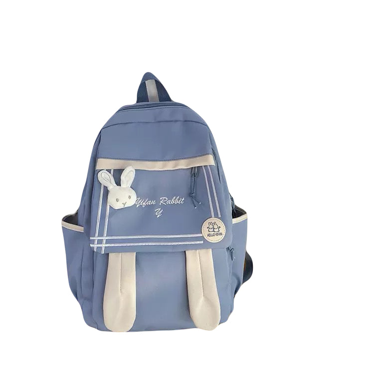 Blue kawaii rabbit ears school backpack with bunny decoration